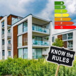 Modern apartment block with energy efficiency rating chart and sign urging landlords to know EPC rules