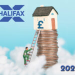 Miniature man climbs ladder of coins to house with pound sign, symbolizing rising UK house prices 2025