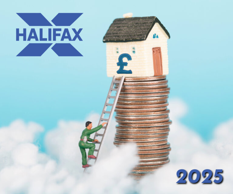 Miniature man climbs ladder of coins to house with pound sign, symbolizing rising UK house prices 2025