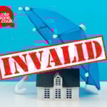 House under blue umbrella with red “Invalid” stamp showing voided landlord insurance