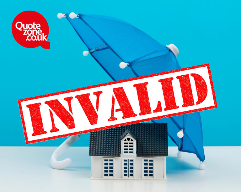House under blue umbrella with red “Invalid” stamp showing voided landlord insurance