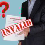 Man holding eviction notice marked invalid with question mark symbol