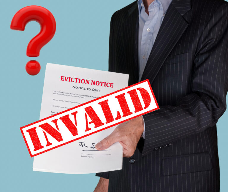 Man holding eviction notice marked invalid with question mark symbol