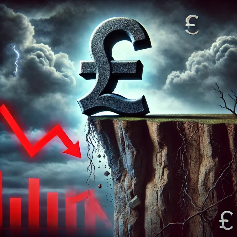 British pound symbol teetering on cliff edge with falling red chart in stormy background