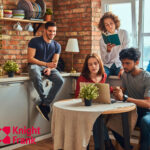 Students collaborating in shared accommodation kitchen space