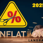 Warning sign with scissors cutting percentage symbol and the word inflation with coins, 2025 Landbay