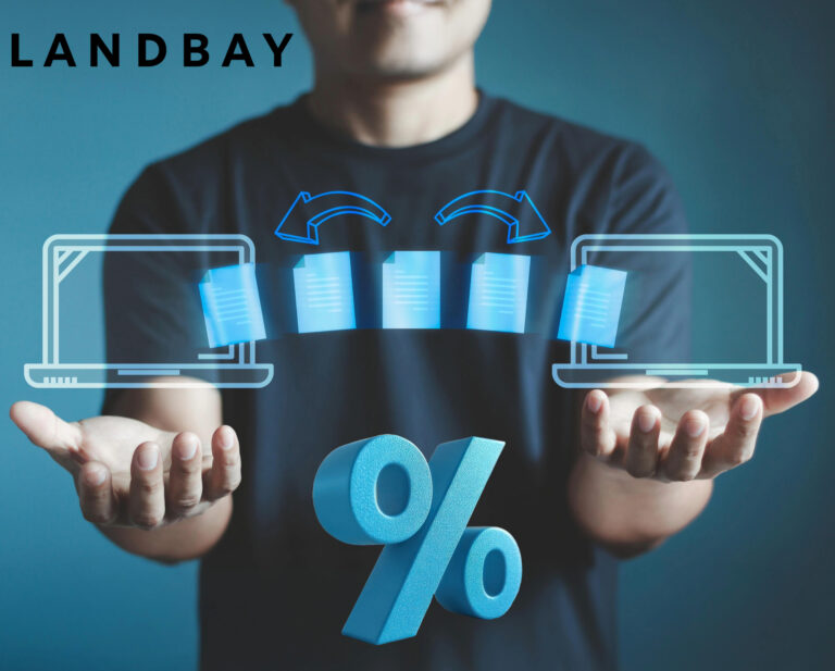 Digital product transfer concept with laptops, files, and percentage symbol representing Landbay’s new BTL service