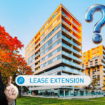 Modern apartment block with lease extension concept and question mark graphic.