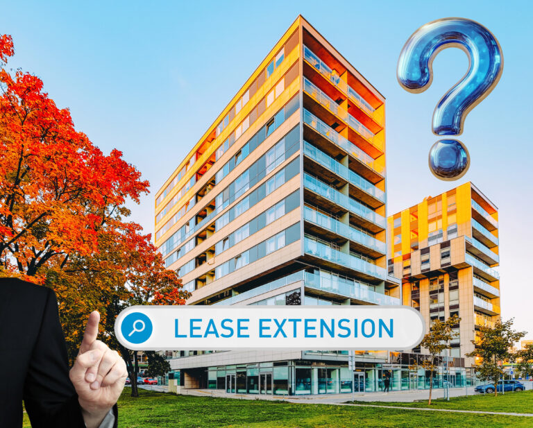 Modern apartment block with lease extension concept and question mark graphic.