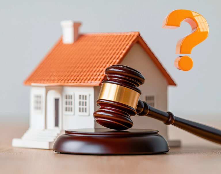 Gavel and house model with question mark symbolizing lease dispute after leaseholder’s death