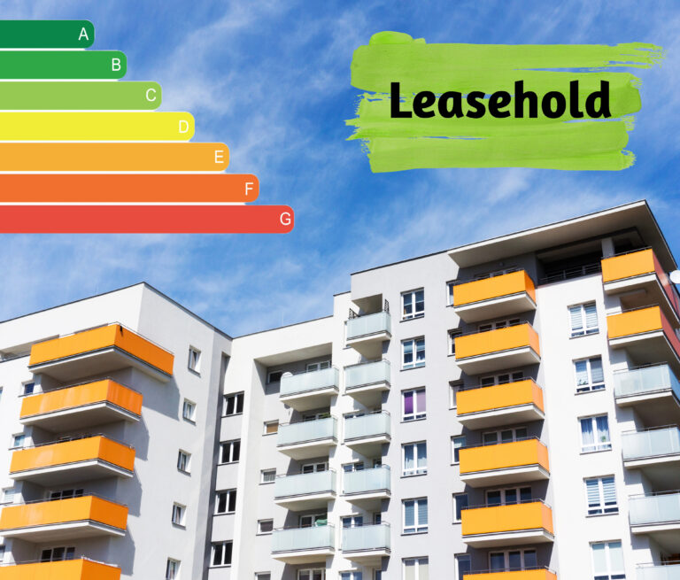 Modern apartment block with orange balconies highlighting leasehold and EPC energy rating issues