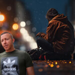 Man standing in front of a homeless person sitting on a rainy city street at night