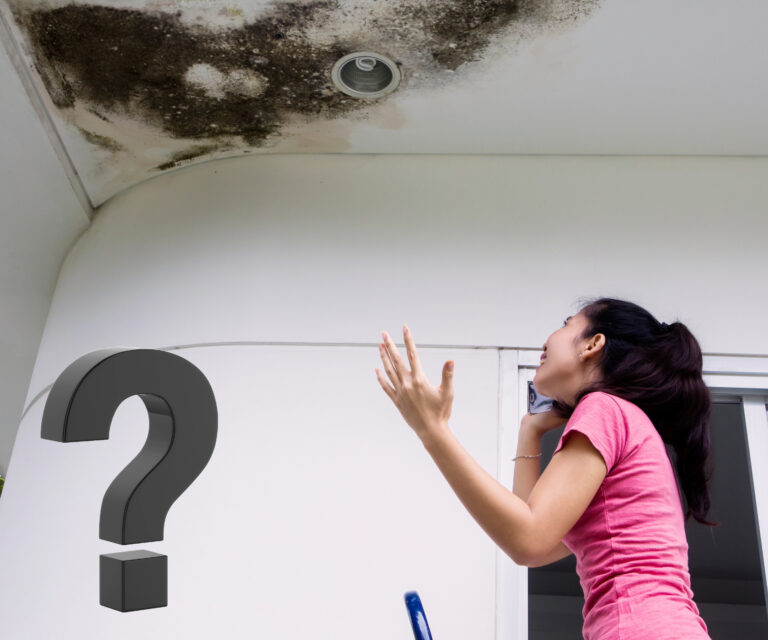 Tenant on phone looking at mould on ceiling, asking for help