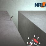 Person standing on cliff edge with falling house graphic, symbolising PRS crisis and landlords selling