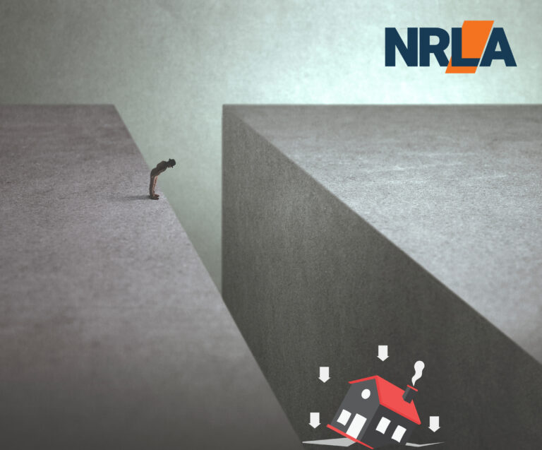 Person standing on cliff edge with falling house graphic, symbolising PRS crisis and landlords selling