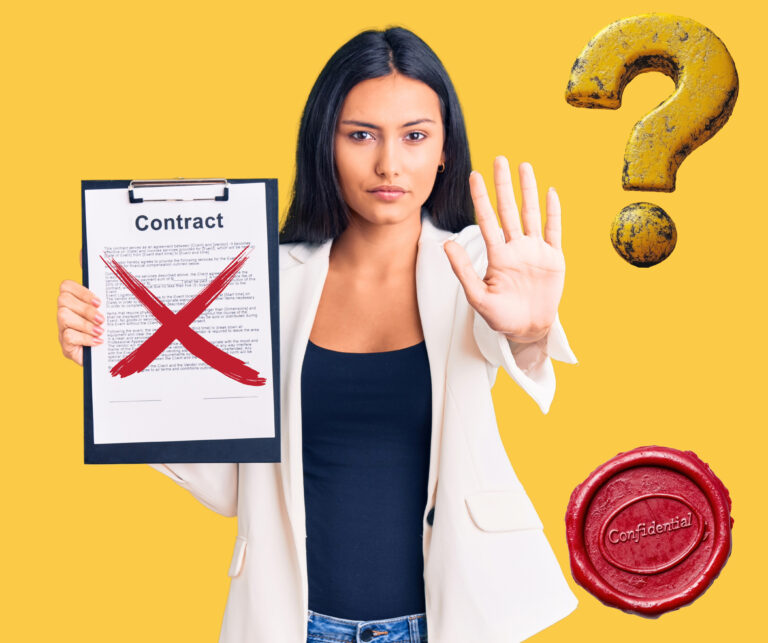 Woman with a clipboard with renters rights paperwork and a cross on it with hand gesture of no with a question mark