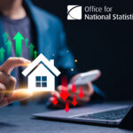 ONS graphic showing house prices rising and rents slowing with arrows.