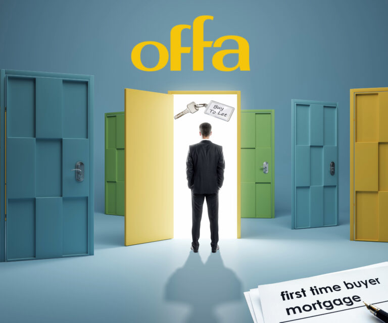 Businessman entering a bright open door labelled buy to let, symbolising first-time landlord opportunities.