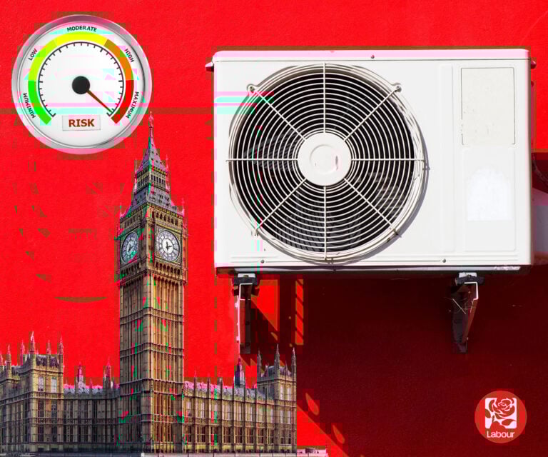 Heat pump with Parliament and energy risk meter highlighting Labour policy debate