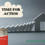 Falling dominoes knocking into a house with the words "Time for Action".