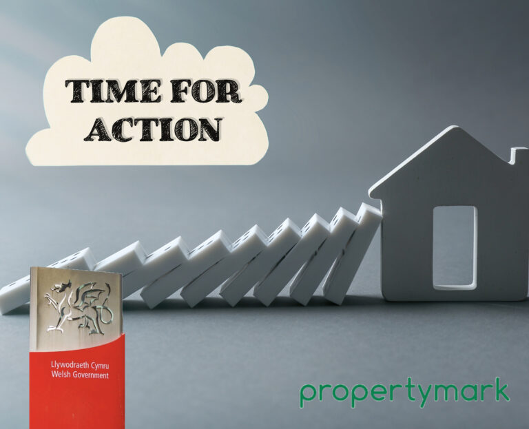 Falling dominoes knocking into a house with the words "Time for Action".