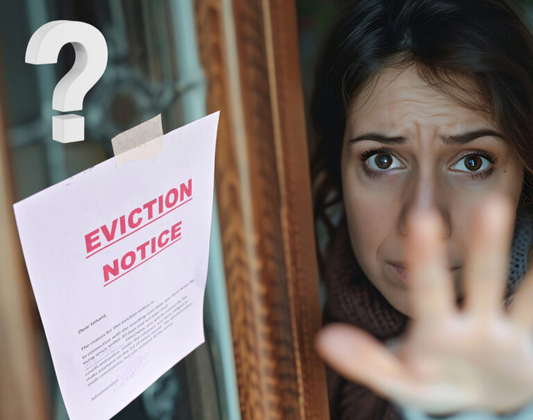 Worried tenant behind window facing eviction notice taped to door