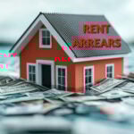 Red house surrounded by floating cash with bold text “Rent Arrears