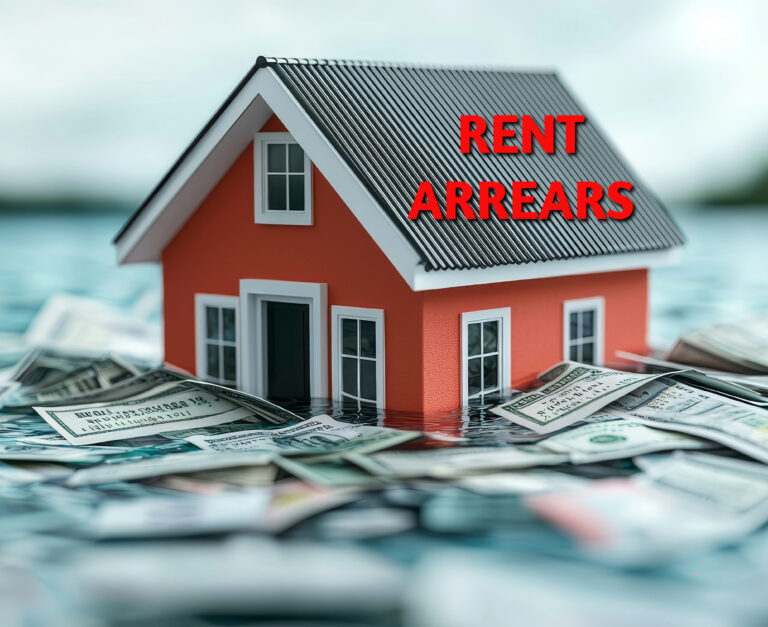 Red house surrounded by floating cash with bold text “Rent Arrears