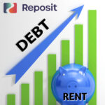 Graph showing rising rent debt with a piggy bank and upward arrow