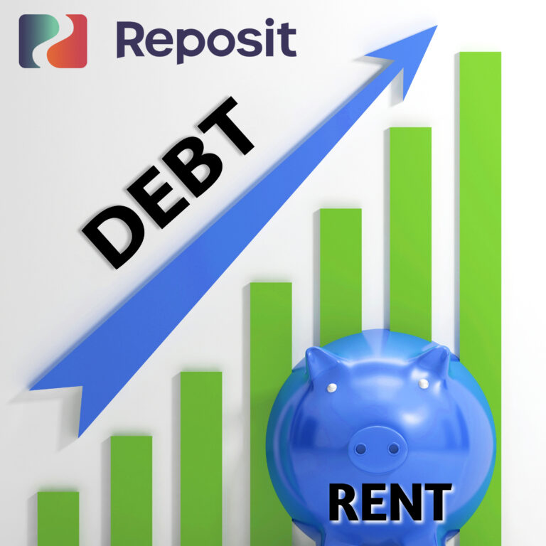 Graph showing rising rent debt with a piggy bank and upward arrow