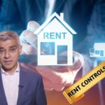 Sadiq Khan with rent control graphic highlighting London housing crisis