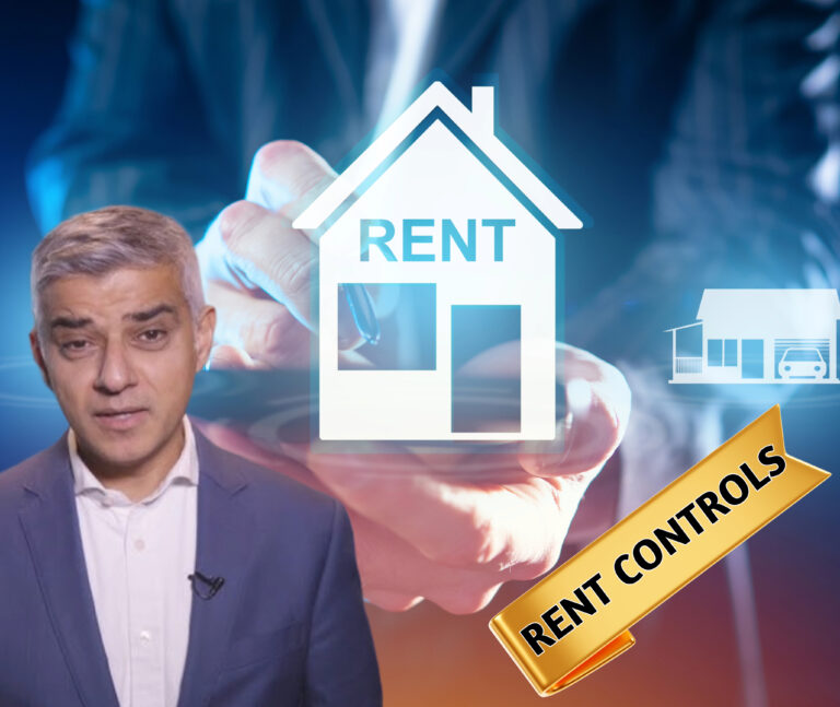 Sadiq Khan with rent control graphic highlighting London housing crisis