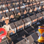 Cartoon figure with question mark and hourglass over UK terraced houses, symbolizing long social housing waits