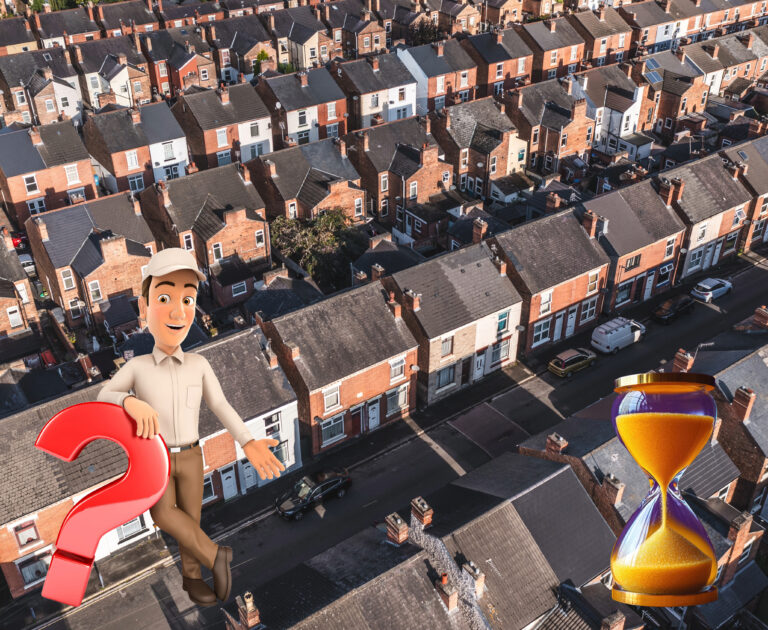 Cartoon figure with question mark and hourglass over UK terraced houses, symbolizing long social housing waits