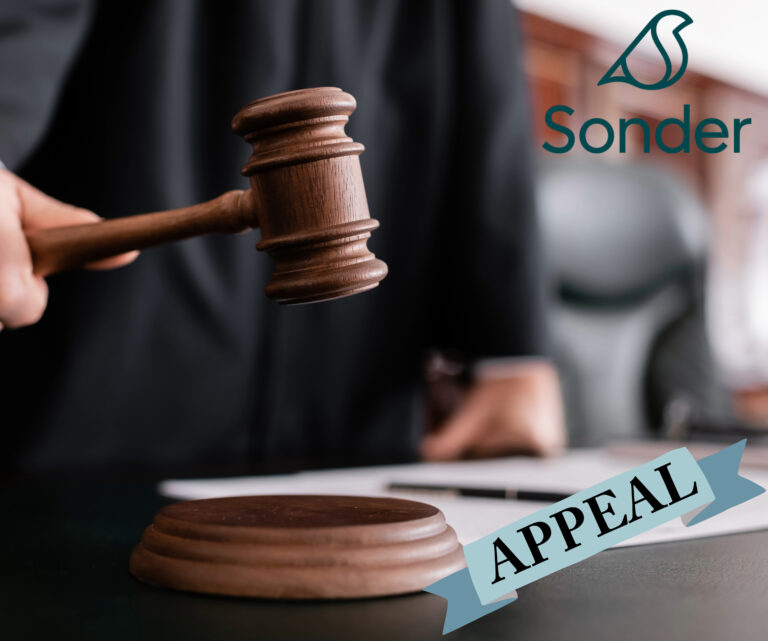 Judge’s gavel striking block with Sonder appeal announcement