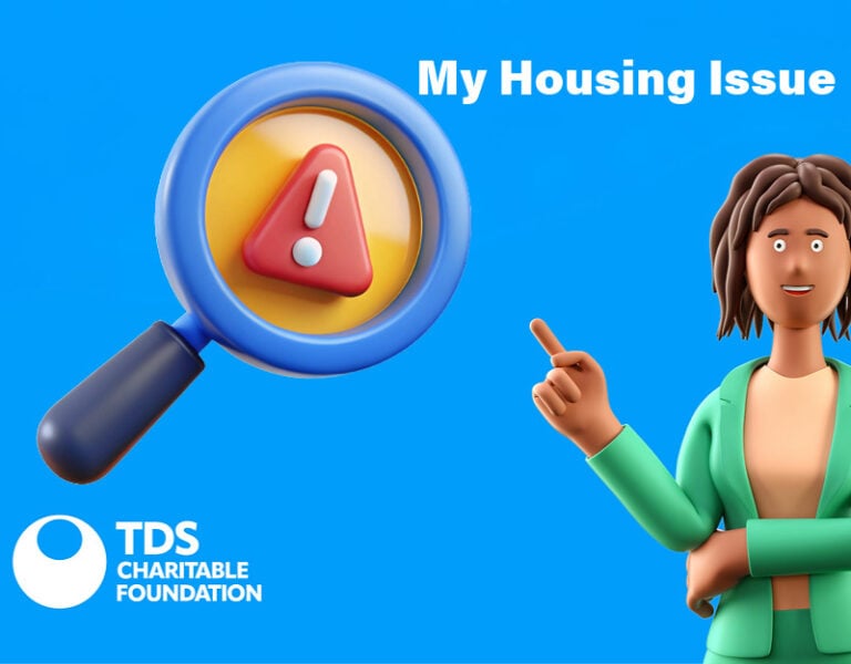 My Housing Issue platform logo with magnifying glass and warning symbol.