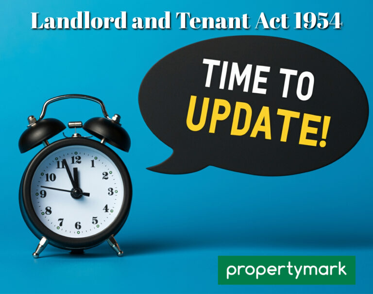 Alarm clock with speech bubble reading “Time to Update” highlighting Landlord and Tenant Act 1954 reform