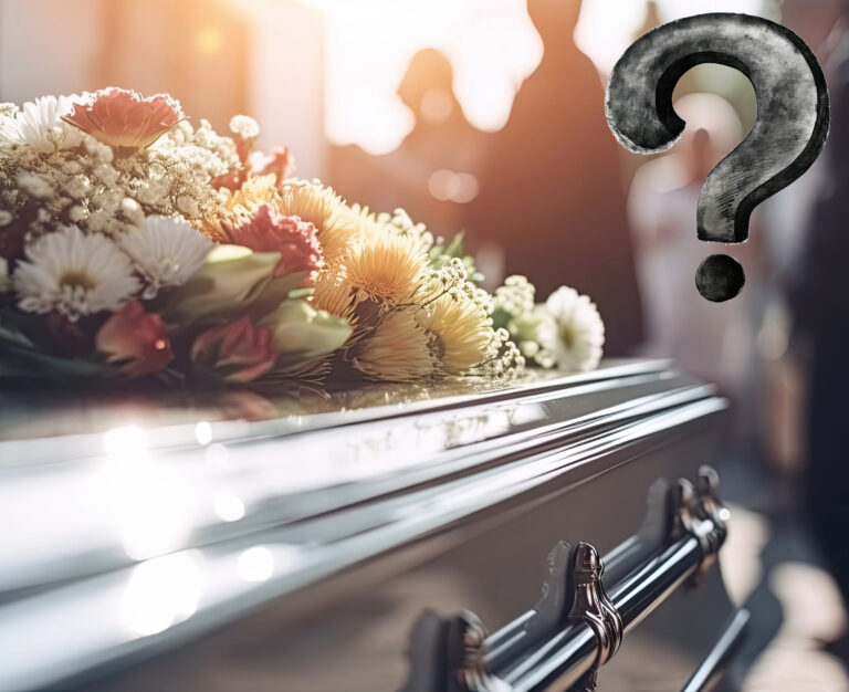 Flowers on a coffin at a funeral with a question mark overlay symbolizing uncertainty