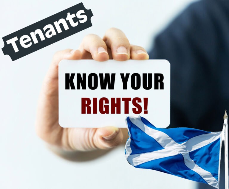 Hand holding a card reading “Know Your Rights” with Scottish flag symbolising tenant protections