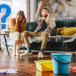 Frustrated tenants with buckets catching water from ceiling leak