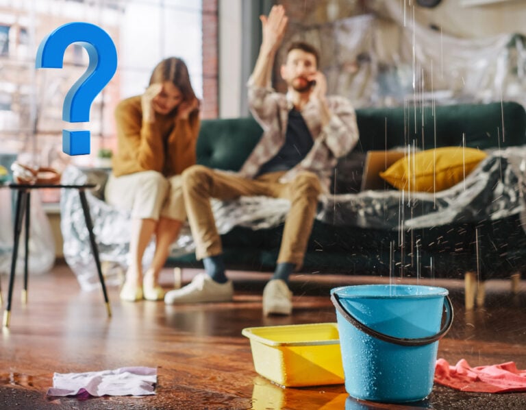 Frustrated tenants with buckets catching water from ceiling leak