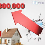 House price surge graphic with red arrow breaking £300,000 barrier.