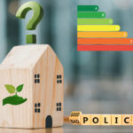 Wooden house with green energy symbol, EPC rating chart, and policy blocks questioning energy rules.