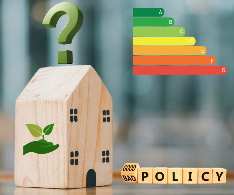Wooden house with green energy symbol, EPC rating chart, and policy blocks questioning energy rules.