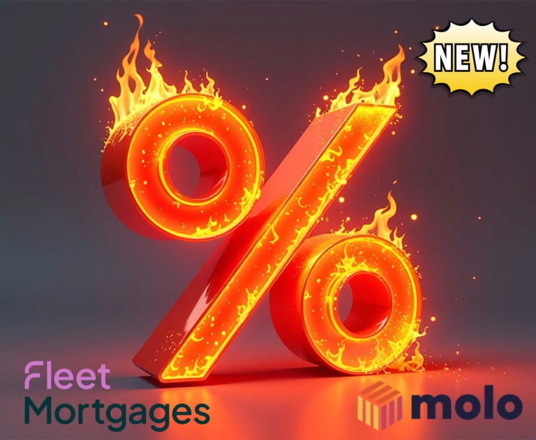 Burning percentage sign with “New” label promoting Fleet Mortgages and Molo buy-to-let rate deals