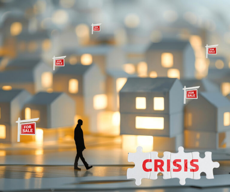 Houses with “For Sale” signs symbolizing a housing crisis.