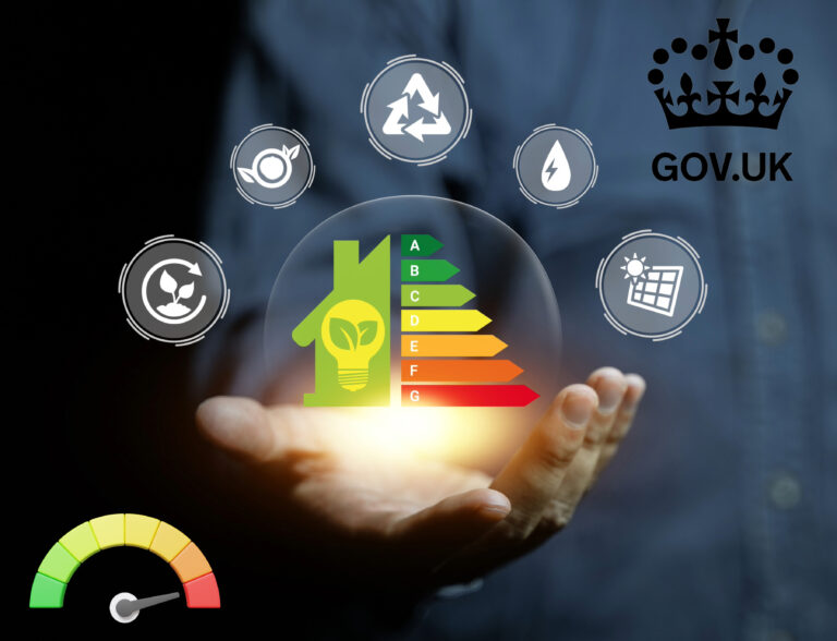 EPC energy efficiency rating with UK government consultation icons on sustainability and renewable energy