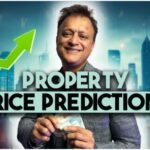 2025 property price predictions with rising green arrow, glowing house icon, and cash in hand.