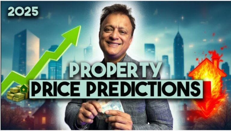 2025 property price predictions with rising green arrow, glowing house icon, and cash in hand.