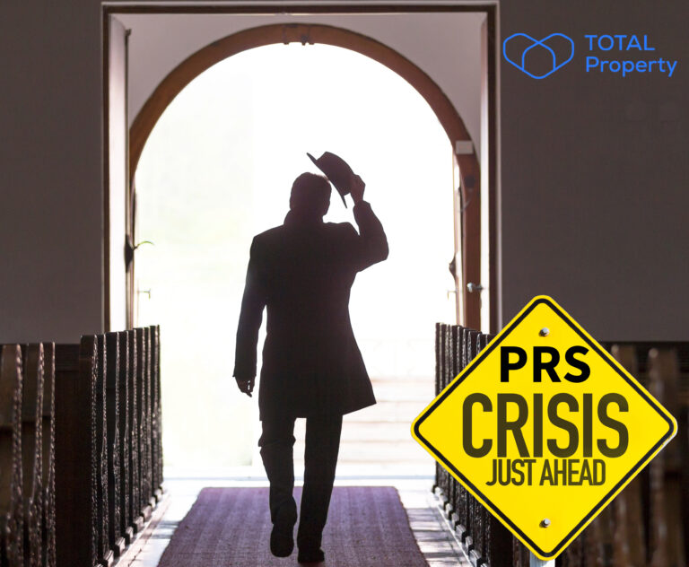 Landlord silhouette leaving with warning sign about PRS crisis ahead